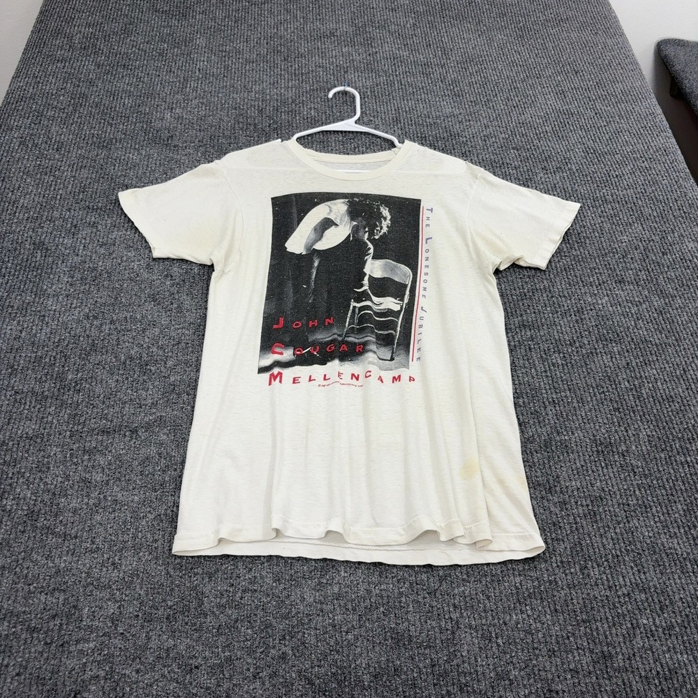 Vintage John Cougar Mellencamp T Shirt Mens S White Cotton 87 Tour Rock Band Tee